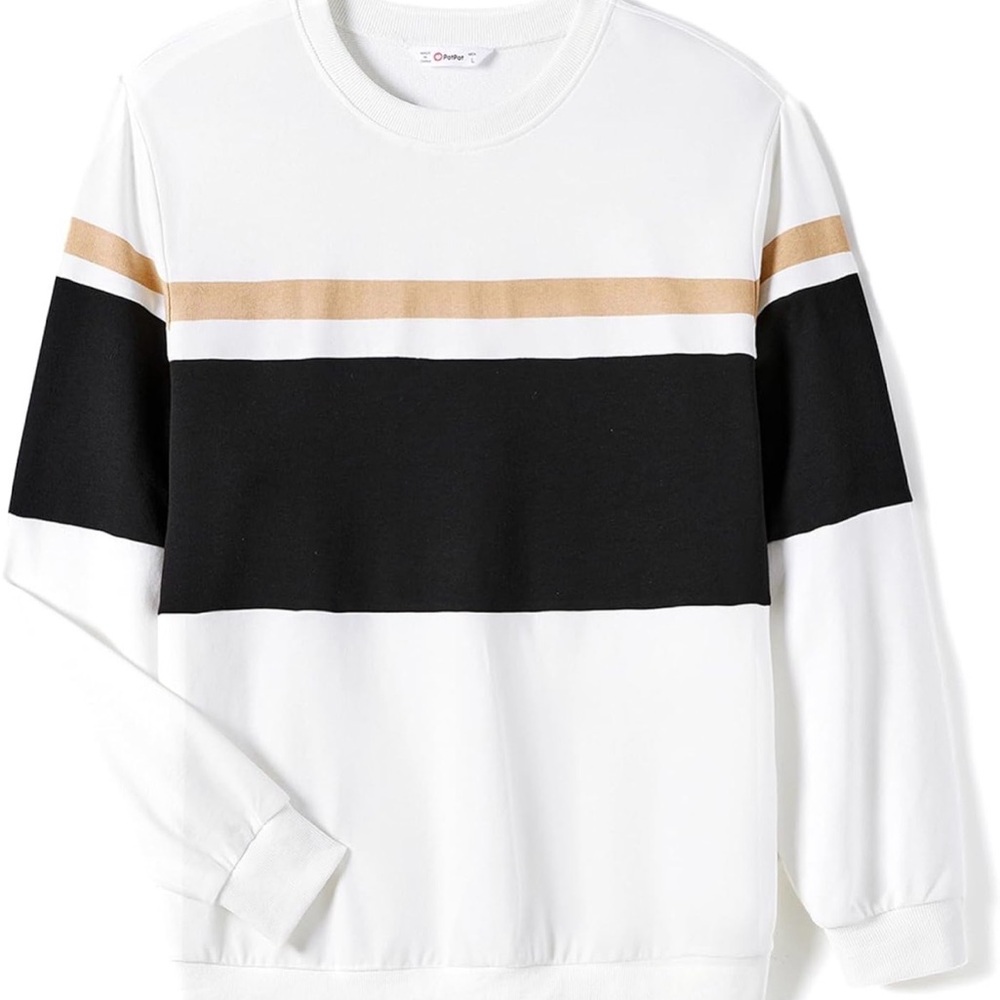 PatPat Men's Color Block Crewneck Sweater - White, Black, Tan